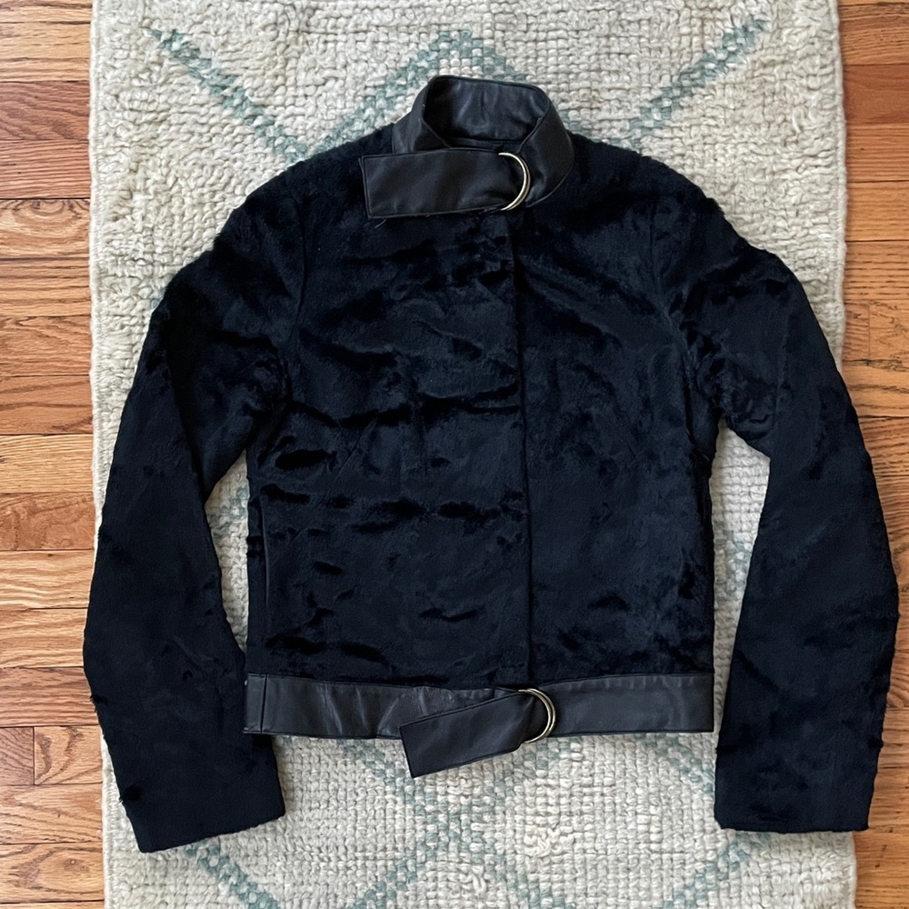 Vivienne Tam Dark Blue Faux Pony hair Jacket with Faux Leather Details